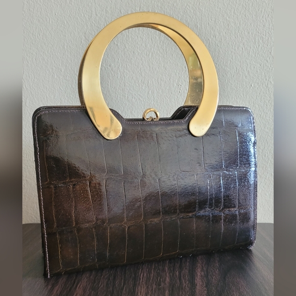 Vintage faux crocodile Block brand women's purse gold tone handle bag - Picture 2 of 14